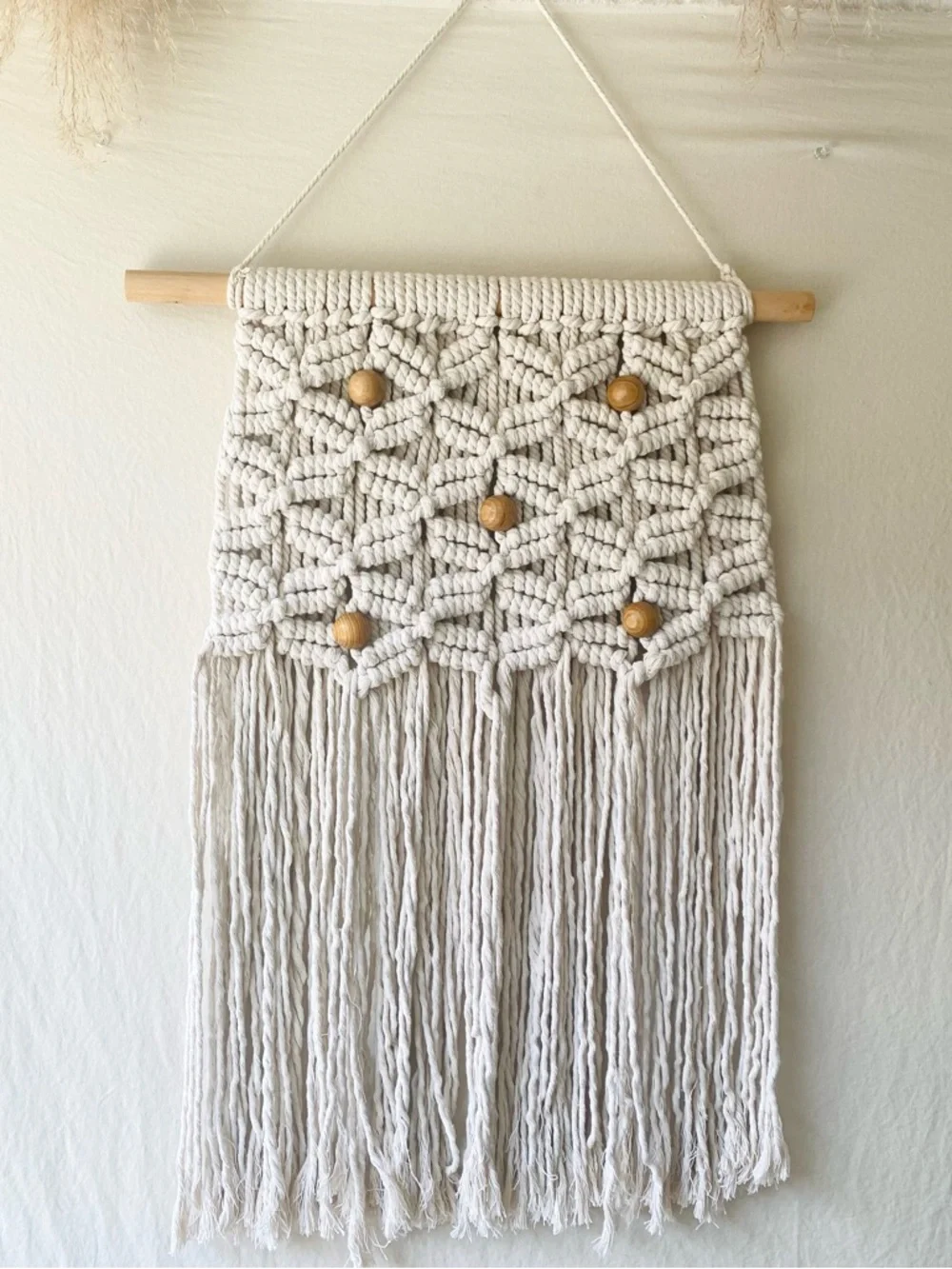 NWOT Handmade Boho Macrame Wall Hanging Accented with Wooden Beads